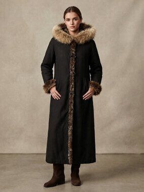 Vintage Jones New York Full Length Black Winter Coat Faux Fur Size 16